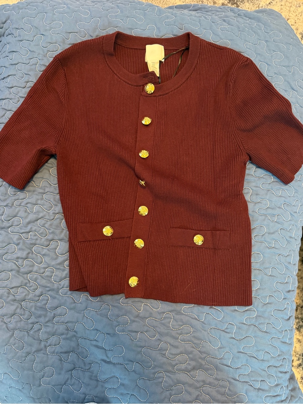 H&M Burgundy Short-Sleeve Ribbed Cardigan with Gold Buttons
